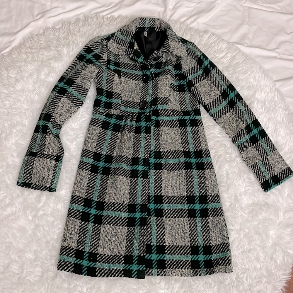 Cherish- Black/Grey & Teal Plaid Pea Coat